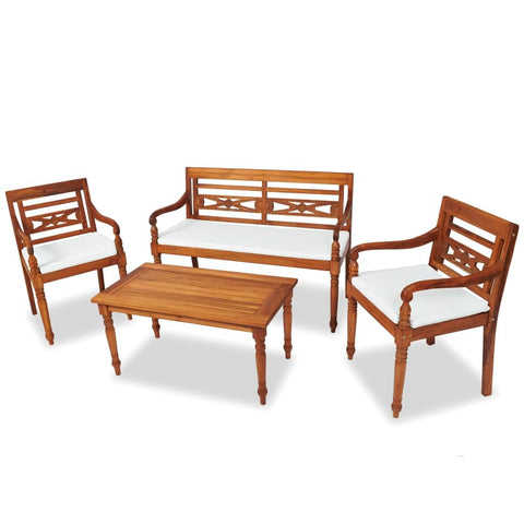 vidaXL Teak Wood Patio Lounge Set with Cushions, Outdoor Furniture Set with 1 Table, 1 Bench, 2 Chairs, Ideal for Patio, Garden, Yard, Deck, and Pool Side