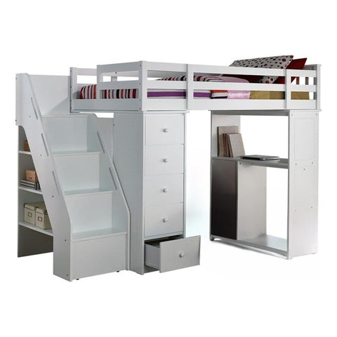 Acme Freya Solid Wood Storage Loft Bed with Bookshelf Ladder in White