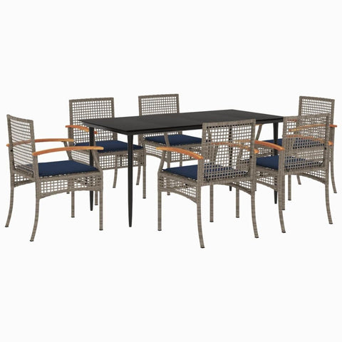 vidaXL 7-Piece Patio Dining Set - Outdoor Garden Poly Rattan Furniture with Cushions, Gray PE Wicker and Tempered Glass Table - Ideal for Al Fresco Dining and Relaxation