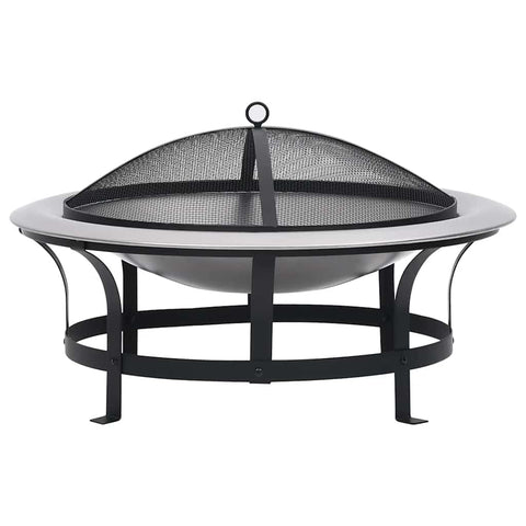 vidaXL Outdoor Fire Pit with Grill 29.9 Inch -, Weatherproof Steel Construction, Safety Mesh, Wood-Handled Poker, Ideal for Deck, Patio, Backyard Use