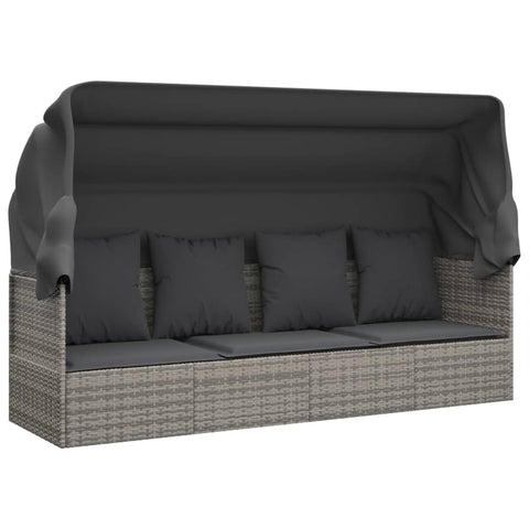 vidaXL Patio Lounge Bed with Foldable Roof & Cushions - Gray Poly Rattan, Adjustable Sun Bed for Outdoor, Garden & Patio - Modern Design, Extra Comfort