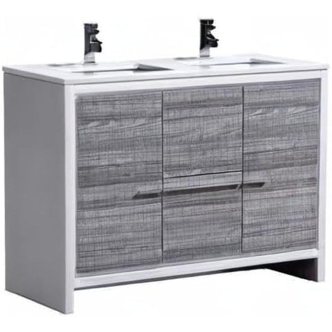 Oakestry Dolce 48 Inch Ash Gray Freestanding Modern Bathroom Vanity with Double Undermount Ceramic Sinks and White Quartz Countertop