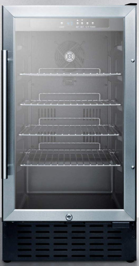 18 inches wide ADA compliant glass door refrigerator for built-in or freestanding use, with digital controls, lock, and LED light