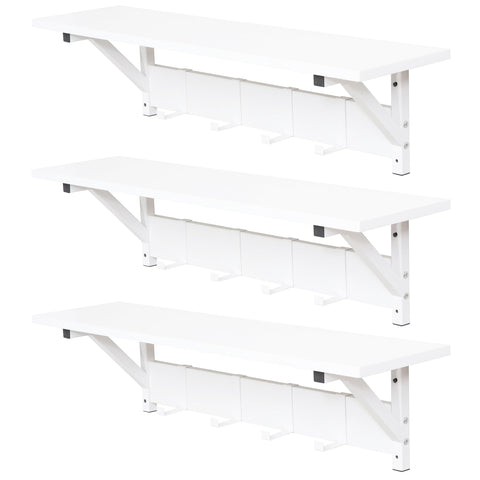 JJS Floating Shelf Coat Rack, Wall Mounted Storage Shelves with Coat Hooks Key Holder for Entryway Hallway Bathroom Living Room Bedroom, White, Set of 3