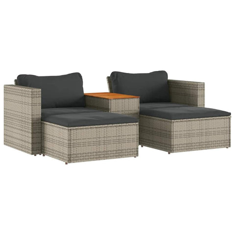 vidaXL 5-Piece Gray Poly Rattan Patio Sofa Set with Cushions - Acacia Wood Tabletop, Modular Design, Cushion Covers, Outdoor/Indoor Comfort