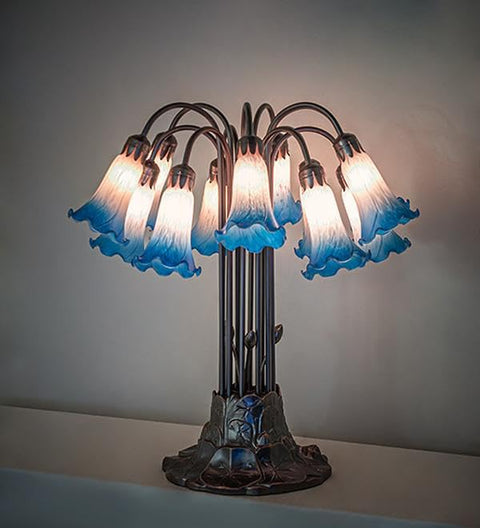 Meyda Tiffany 273109 24 in. Mahogany Bronze High Pink & Blue Tiffany Pond Lily 12 Light Table Lamp
