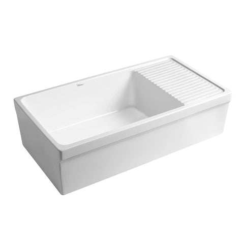 Whitehaus WHQD540-White Farmhaus Fireclay Quatro Alcove Large Reversible Sink with Integral Drainboard and Decorative 2 ½" Lip on Both Sides