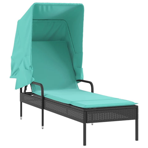 vidaXL Sun Lounger with Canopy - Black PE Rattan Outdoor Chaise Lounge with Adjustable Backrest and Turquoise Cushion for Patio, Garden, Deck - 78.7â€ x 51.2â€