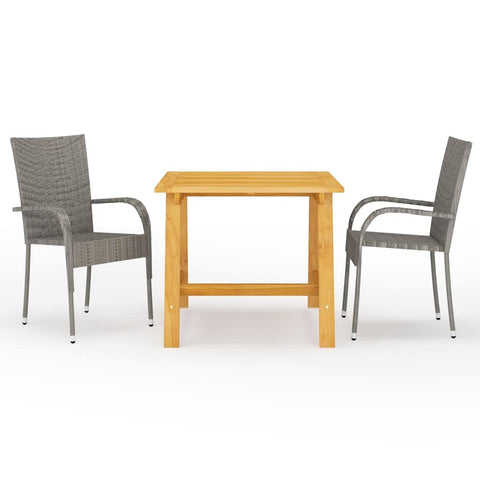 vidaXL 3-Piece Patio Dining Set - Solid Acacia Wood Table with Oil Finish and Stackable PE Rattan Outdoor Chairs - Easy Assembly - Gray