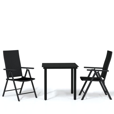 vidaXL 3 Piece Outdoor Patio Dining Set, Black - Weather-resistant Design, Easy to Clean Glass Tabletop, PE Rattan Chairs with Reclining Backrest