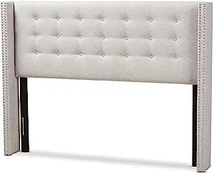Baxton Studio Ginaro Modern and Contemporary Greyish Beige Fabric Button-Tufted Nail Head Queen Size Winged Headboard/Contemporary/Fabric Polyester 100%&#34;/LVL/MDF/Foam/Greyish Beige