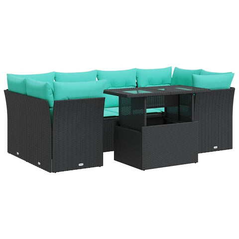 vidaXL 7 Piece Patio Sofa Set with Cushions Black Poly Rattan Acacia, Garden Sofa Set, Garden Lounge Set, Poly Rattan Sofa Set, Outdoor Sofa Set