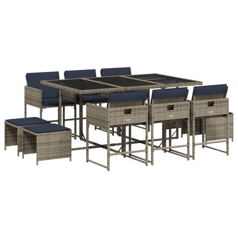 vidaXL Poly Rattan Patio Dining Set 11-Piece with Cushions and Tempered Glass Tabletop - Gray/Navy Blue - Garden Furniture for Outdoor/Garden/Backyard/Patio