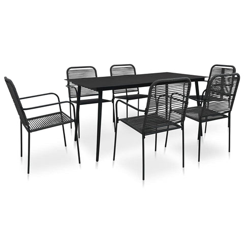 vidaXL 7 Piece Patio Dining Set - Powder-Coated Steel and Cotton Rope - Tempered Glass Tabletop - Sophisticated Design - Black