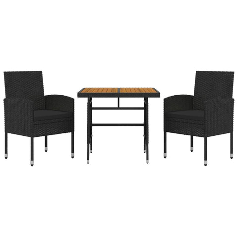 vidaXL Outdoor Patio Dining Set - 3 Piece Poly Rattan Black - Water-Resistant, Steel Frame, Solid Acacia Wood Tabletop, Ergonomic Chairs with Cushions - Assembly Required