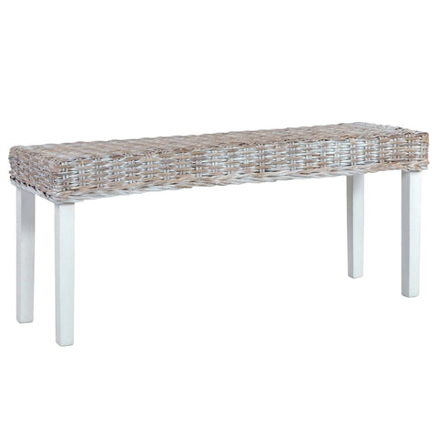 vidaXL 43.3" White Bench with Natural Kubu Rattan and Solid Mango Wood, Farmhouse Style, Easy to Clean and Assemble