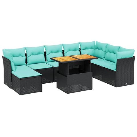 vidaXL Patio Sofa Set with Cushions 9 Piece, Outdoor Conversation Set, Sectional Sofa for Balcony Garden, Modern Style, Black Poly Rattan