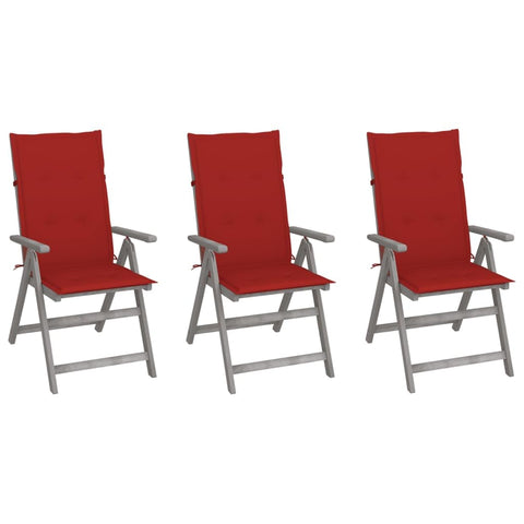 vidaXL 3 Piece Garden Reclining Chair Set in Grey with Red Cushions | Solid Acacia Wood Outdoor Dining Chairs Adjustable Armrests Weather Resistant Finish Wooden Armchair Armrest Furniture Patio