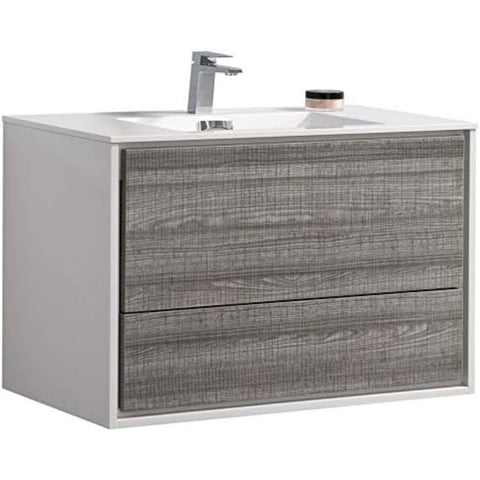 Oakestry Delusso 36-Inch Ash Gray Wall Mount Modern Bathroom Vanity with Integrated Acrylic Sink and Soft Close Drawer