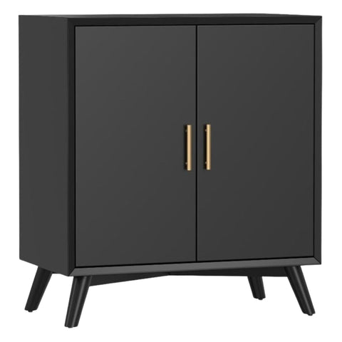 Oakestry Flynn Bar Cabinet Black Finish Mahogany Wood Veneer Liquor Storage Console Mid Century Modern Home Bar Furniture with Wine Rack Adjustable Shelves Glassware Holder Compact Stylish Organizer