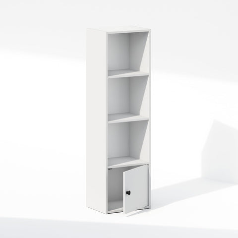 Furinno LUDER Display Shelf, 4-Tier Standing Storage Shelves with Door Cabinet, Book Shelf with Open Storage, for Organization and Storage, Living Room, Home Office, White