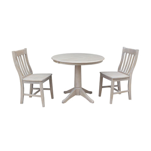 IC INTERNATIONAL CONCEPTS 36" Round Extension Wood Dining Table with 2 Cafe Chairs in Washed Gray Taupe
