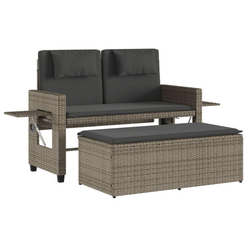 vidaXL Reclining Patio Bench/Sofa Bed with Cushions - Outdoor Poly Rattan Loveseat, Adjustable Backrest, Gray, Includes Garden Stool & Side Tables
