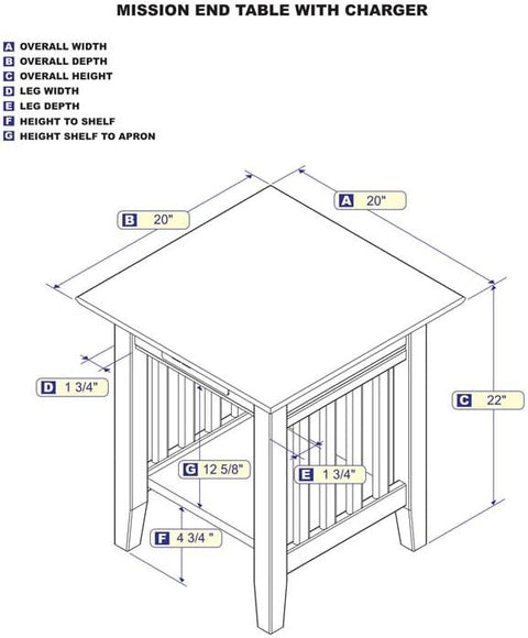 AFI, Mission End Table with Charging Station, Walnut