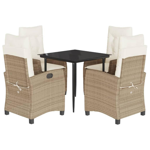 vidaXL 5 Piece Patio Dining Set â€“ Beige Poly Rattan with Cushions, Adjustable Reclining Chairs, Square Glass Top Table â€“ Perfect for Outdoor Garden, Backyard, Patio