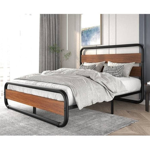 Fast Furnishings King Size Heavy Duty Industrial Modern Metal Wood Platform Bed Frame with Headboard