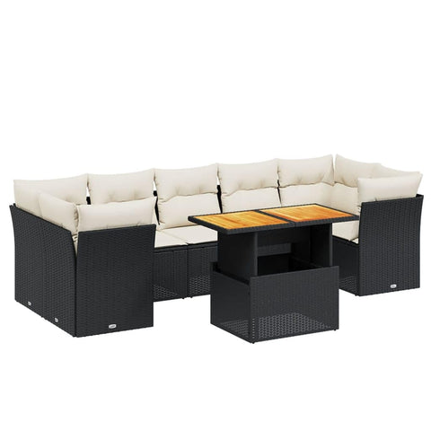 vidaXL 8 Piece Garden Sofa Set with Cushions Black and Cream | UV Resistant Modular Design for Outdoor Lounging Comfortable Seating 7 Easy Clean Removable Covers Patio Lounge Poly Rattan Furniture