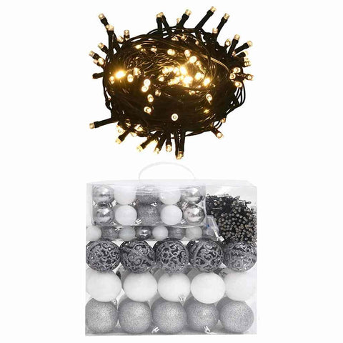 vidaXL 120-Piece Christmas Ball Set with Peak and 300 LEDs in White and Gray - Sparkling Holiday Home, Office, and Christmas Tree Decoration