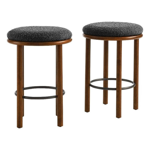 Modway Fable 26 Inch Backless Counter Stools Set of 2 in Walnut Charcoal - Kitchen Stools Counter Height - 2Pcs Upholstered Padded Boucle Seat for Kitchen Counter or Island with Wood Legs and Footrest