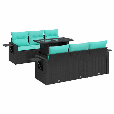 vidaXL 7 Piece Patio Sofa Set with Cushions Black Poly Rattan Acacia, Garden Sofa Set, Garden Lounge Set, Poly Rattan Sofa Set, Outdoor Sofa Set