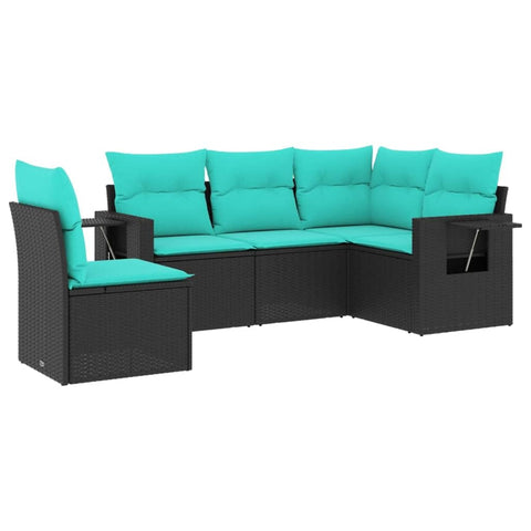 vidaXL Patio Sofa Set with Cushions 5 Piece, Outdoor Conversation Set, Sectional Sofa for Balcony Garden, Modern Style, Black Poly Rattan