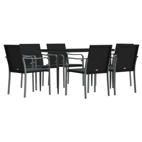 vidaXL 5 Piece Patio Dining Set - Black, Comfortable Armrest Chairs with Steel Frame, Weather- PE Rattan, Tempered Glass Tabletop, Dark Gray Fabric Cushions
