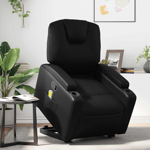 vidaXL Stand up Massage Recliner Chair - Power Lift Armchair, Electric Motor, Manual Tilt, Vibration Massage, Cup Holders, Faux Leather in Black