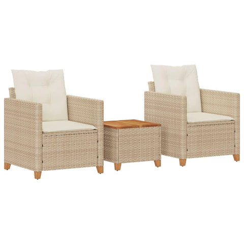 vidaXL 3-Piece Beige Poly Rattan Acacia Wood Bistro Set, Patio/Garden Furniture with Cushions - 24"x26.4"x27.2"