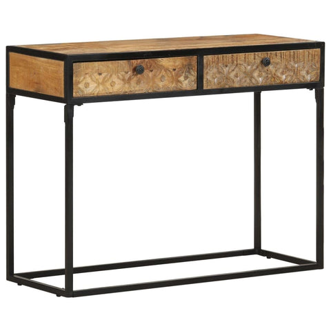 vidaXL Industrial-Style Console Table, Solid Mango Wood Side Table, with Powder-Coated Steel Frame & Hand Carved Patterns, for Living Room/Hallway - 39.4"x13.8"x29.5"