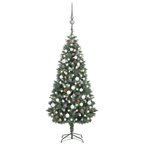 vidaXL Artificial Pre-lit Christmas Tree - 70.9" Xmas Pine Tree with LED Lights, Pine Cones, Balls - Green/White