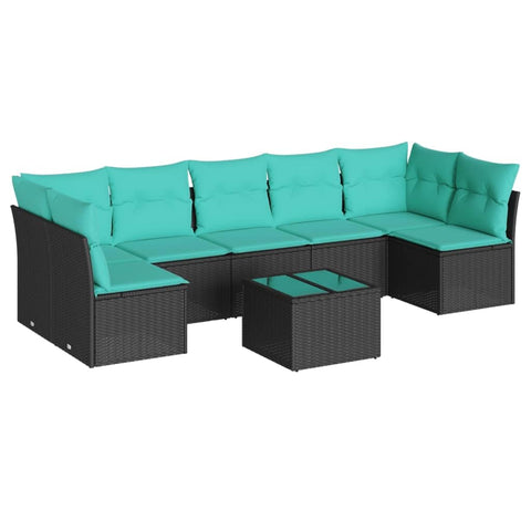 vidaXL Patio Sofa Set with Cushions 8 Piece, Sectional Sofa with Glass Table, Outdoor Conversation Set, Modern Style, Black Poly Rattan