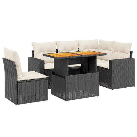 vidaXL 6 Piece Garden Sofa Set with Cushions Black Poly Rattan Outdoor Seating Weather Resistant Removable Covers for Patio Dining and Relaxing Lounge Sectional Furniture Modular Balcony