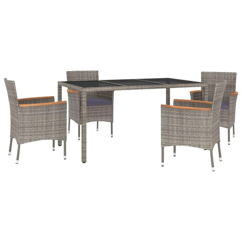 vidaXL 5 Piece Patio Dining Set with Cushions - Gray Poly Rattan, Powder-Coated Steel Frame, Tempered Glass Tabletop, Comfortable Cushioned Chairs, Ideal for Patio, Deck, Garden