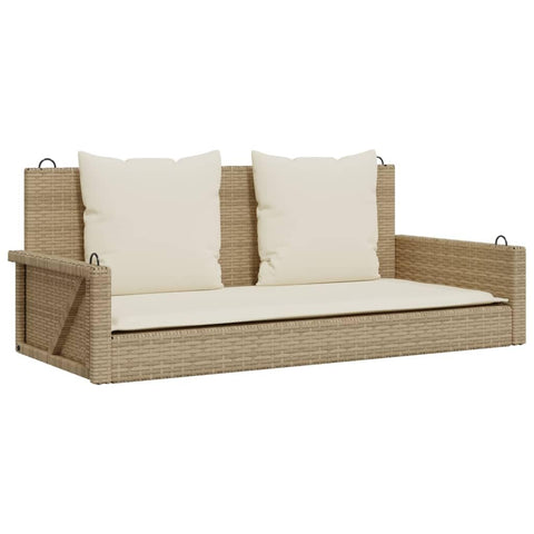 vidaXL Beige Poly Rattan Swing Bench with Cushions - Outdoor Garden Hammock Chair, Durable PE Rattan, Powder-Coated Steel Frame, Ideal for Patio/Deck, 242.5 lb Capacity, Comfortable Cushions