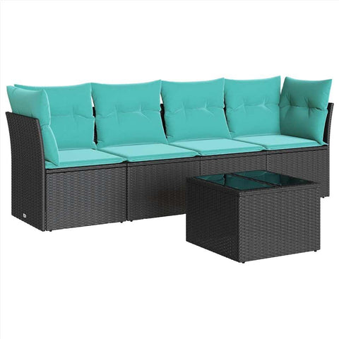 vidaXL Patio Sofa Set with Cushions 5 Piece, Sectional Sofa with Glass Table, Outdoor Conversation Set, Modern Style, Black Poly Rattan