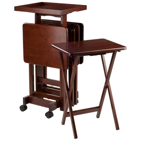 Oakestry Isabelle 6-Pc Snack Table Set with Mobile Stand Walnut Set of 4 Tables 36" Ideal for Living Room or Patio Space-Saving Design with Mobile Stand Perfect for Snacking Drinks or Small Meals