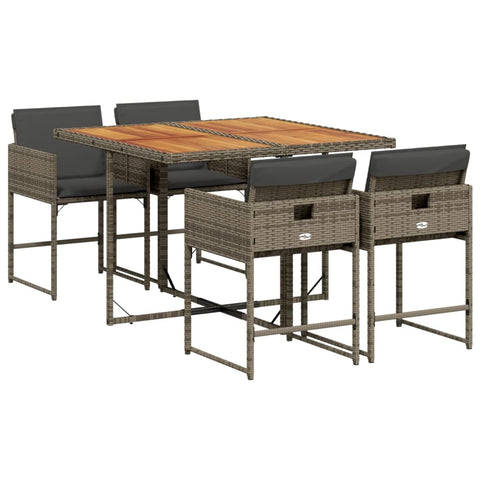 vidaXL 5 Piece Patio Dining Set with Cushions - Gray PE Rattan, Acacia Wood Tabletop, Foldable Chairs for Compact Storage, Outdoor Furniture for Garden, Patio, Backyard