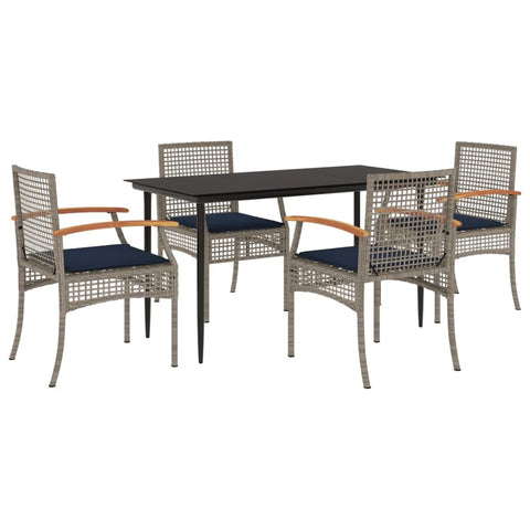 vidaXL Patio Dining Set with Cushions - Outdoor 5 Piece Gray PE Rattan Furniture - Tempered Glass Tabletop & Acacia Wood Frame for Garden, Backyard, Patio