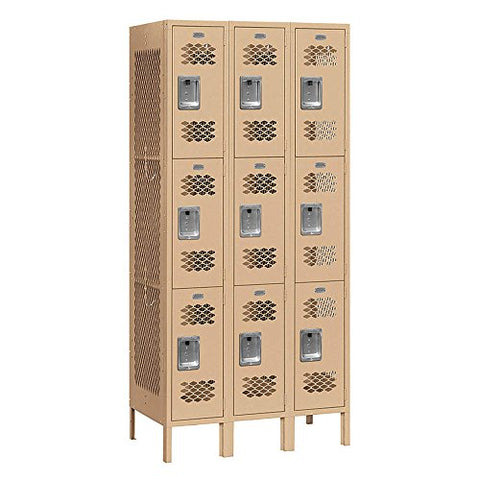 Salsbury Industries Assembled 3-Tier Vented Metal Locker with Three Wide Storage Units, 6-Feet High by 15-Inch Deep, Tan