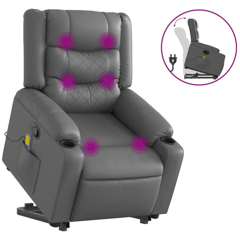 vidaXL Stand Up Massage Recliner Chair - Gray Faux Leather Power Lift Armchair with Cup Holders, 6-Point Vibration for Living Room, Grey, 3206887
